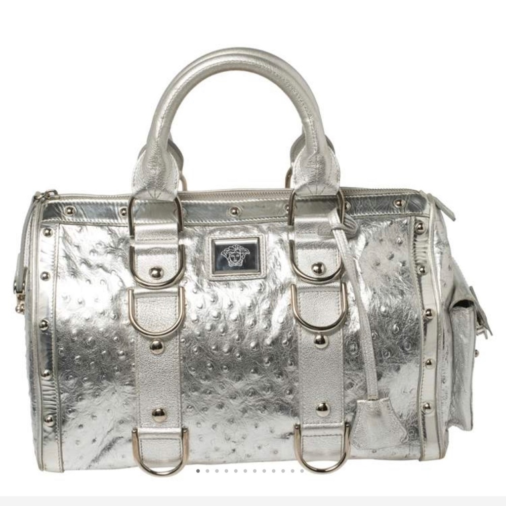 Authentic PreLoved Versace Silver Ostrich Embossed Leather Satchel.